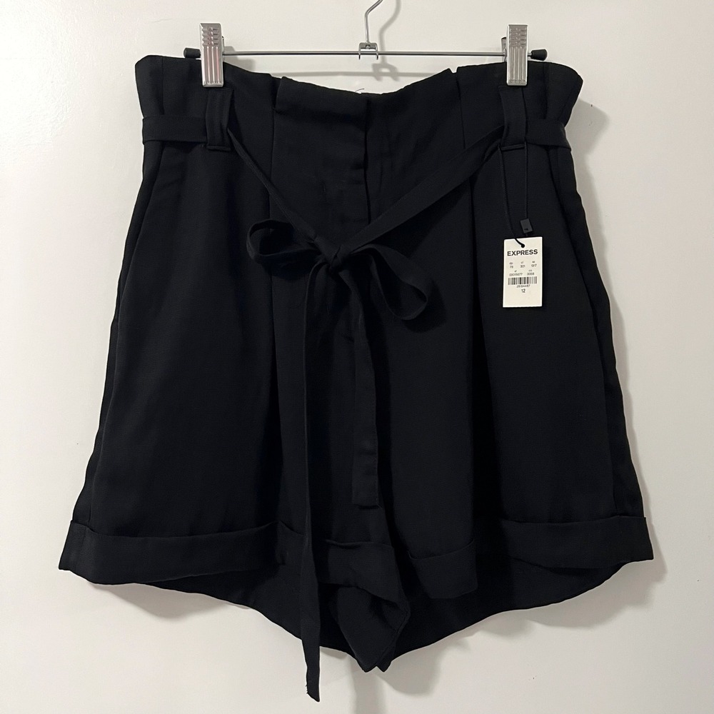 Express Shortie Super High Rise Paperbag Waist Linen Blend Shorts Black Size 12